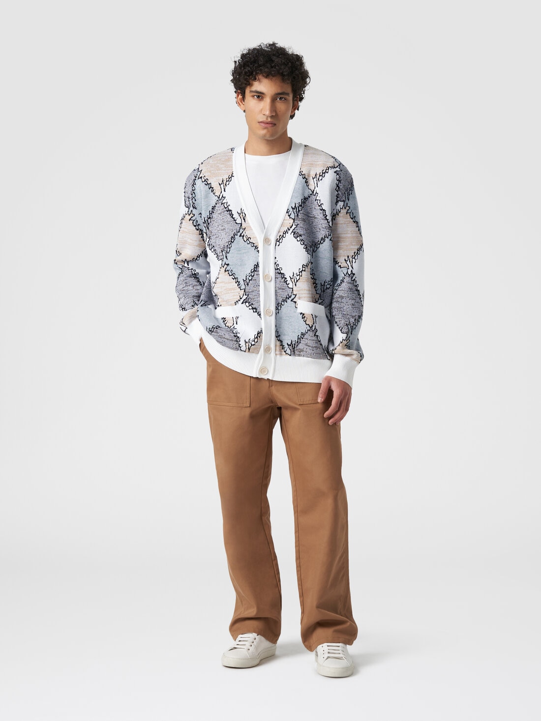 Cardigan in diamond cotton with logo lettering Beige | Missoni