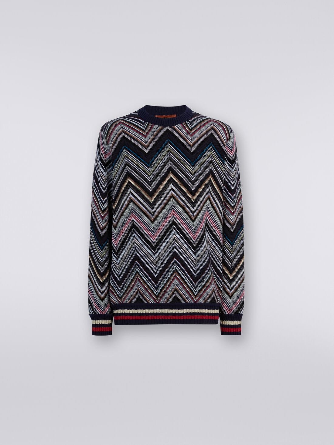 Crew-neck pullover in chevron cotton blend, Blue - US24SN00BC003YS72EV - 0