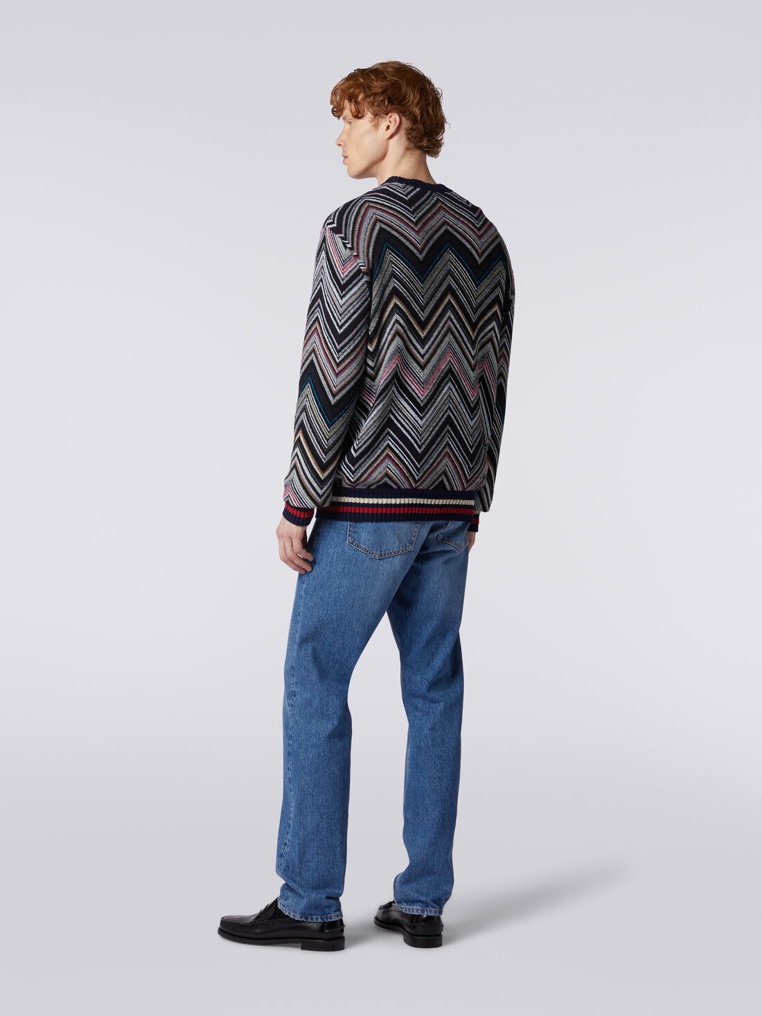 Crew-neck pullover in chevron cotton blend, Blue - US24SN00BC003YS72EV - 3