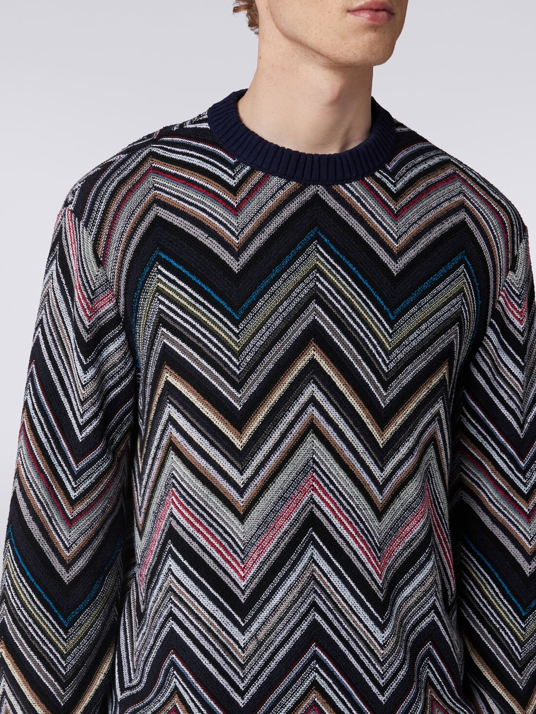 Crew-neck pullover in chevron cotton blend, Blue - US24SN00BC003YS72EV - 4