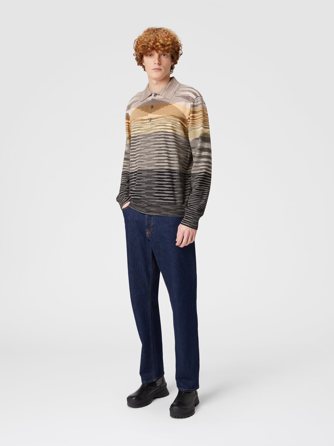 Long sleeved polo shirt in slub wool Yellow Brown Missoni