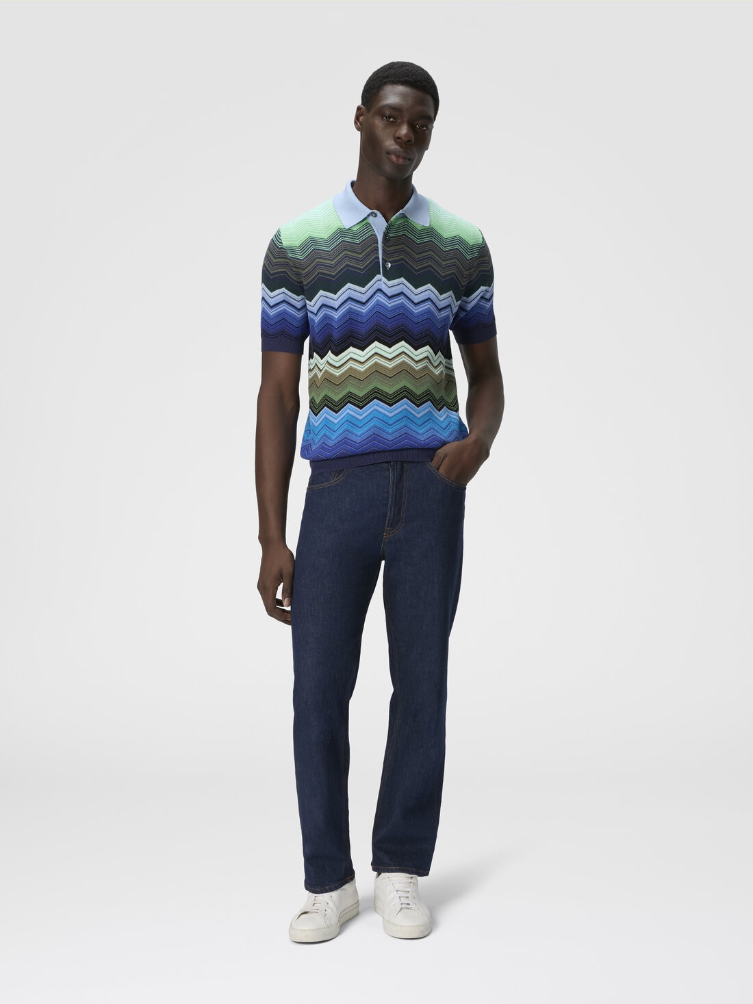 Polo in maglia di cotone zig zag con profili a contrasto, Blu & Verde - 8053147478395 - 1