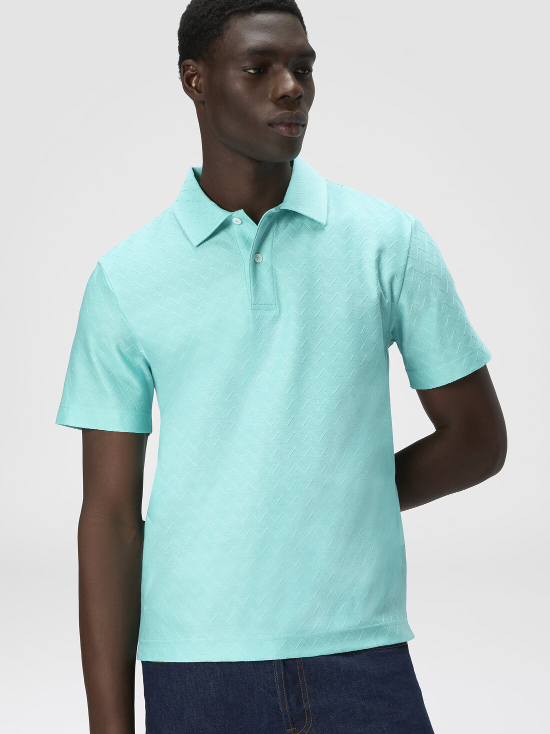 Polo de punto de algodón en zigzag tonal, Turquesa  - US25S20ABJ00LJS72J2 - 3
