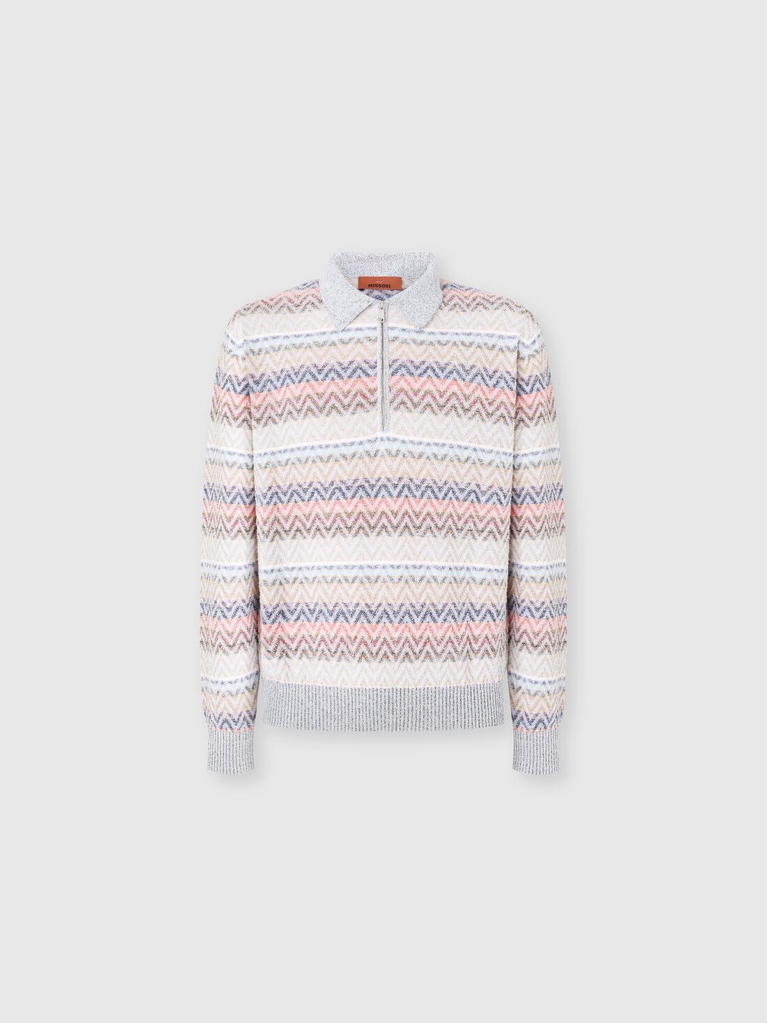 Polo a maniche lunghe in maglia zig zag con colletto half zip, Bianco & Beige - US25S20KBK042RSM9LZ - 0