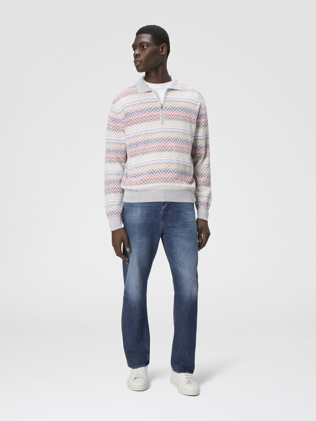 Polo a maniche lunghe in maglia zig zag con colletto half zip, Bianco & Beige - US25S20KBK042RSM9LZ - 1