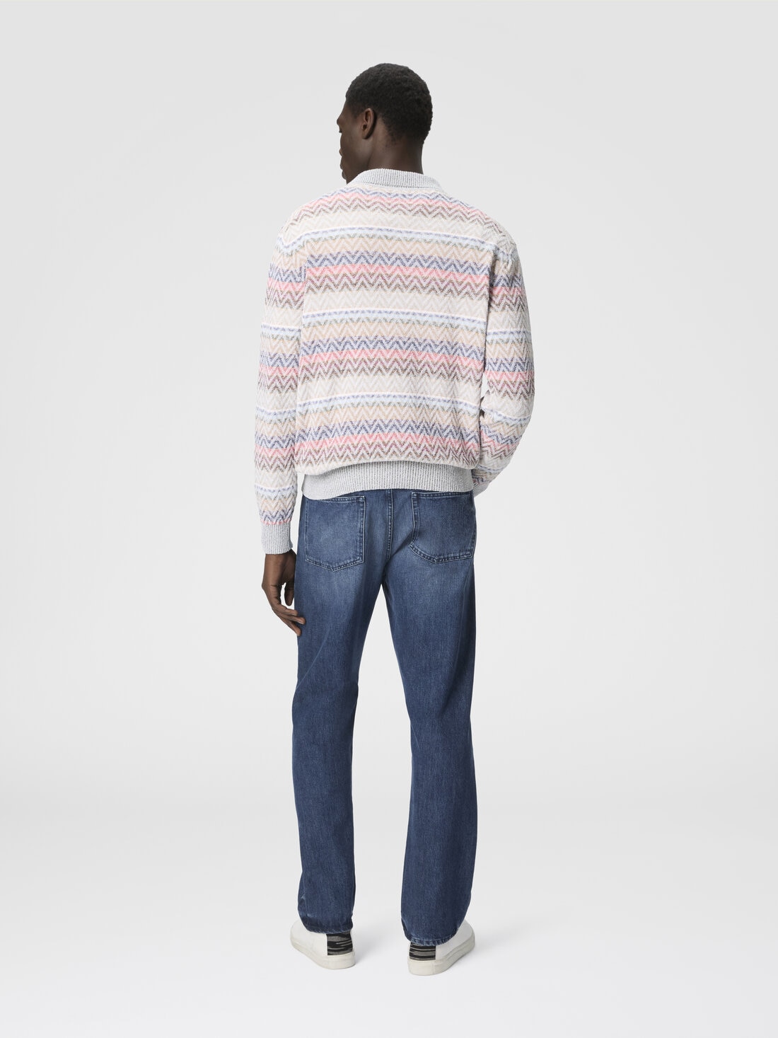 Polo a maniche lunghe in maglia zig zag con colletto half zip, Bianco & Beige - US25S20KBK042RSM9LZ - 2