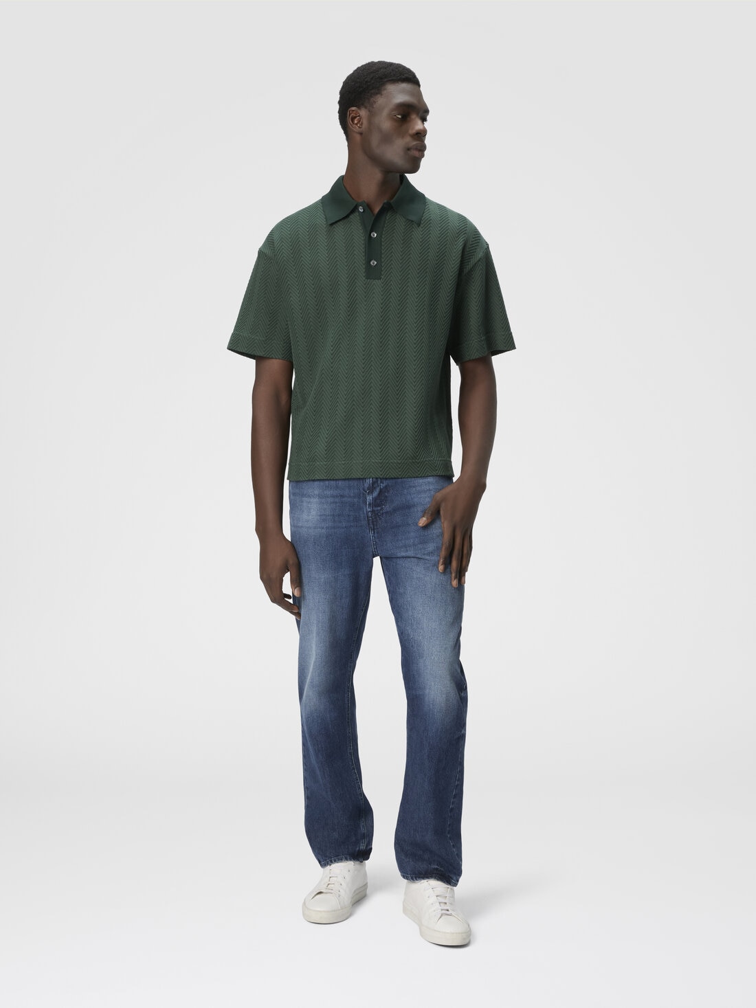 Cotton and viscose polo shirt with tone-on-tone zigzag, Green - US25S20NBR012295406 - 1
