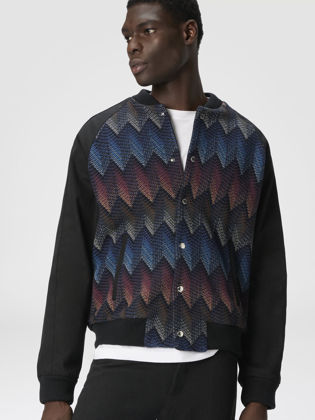 Cotton-blend bomber jacket with zigzag knit insert, Multicoloured  - 8053147516479 - 3