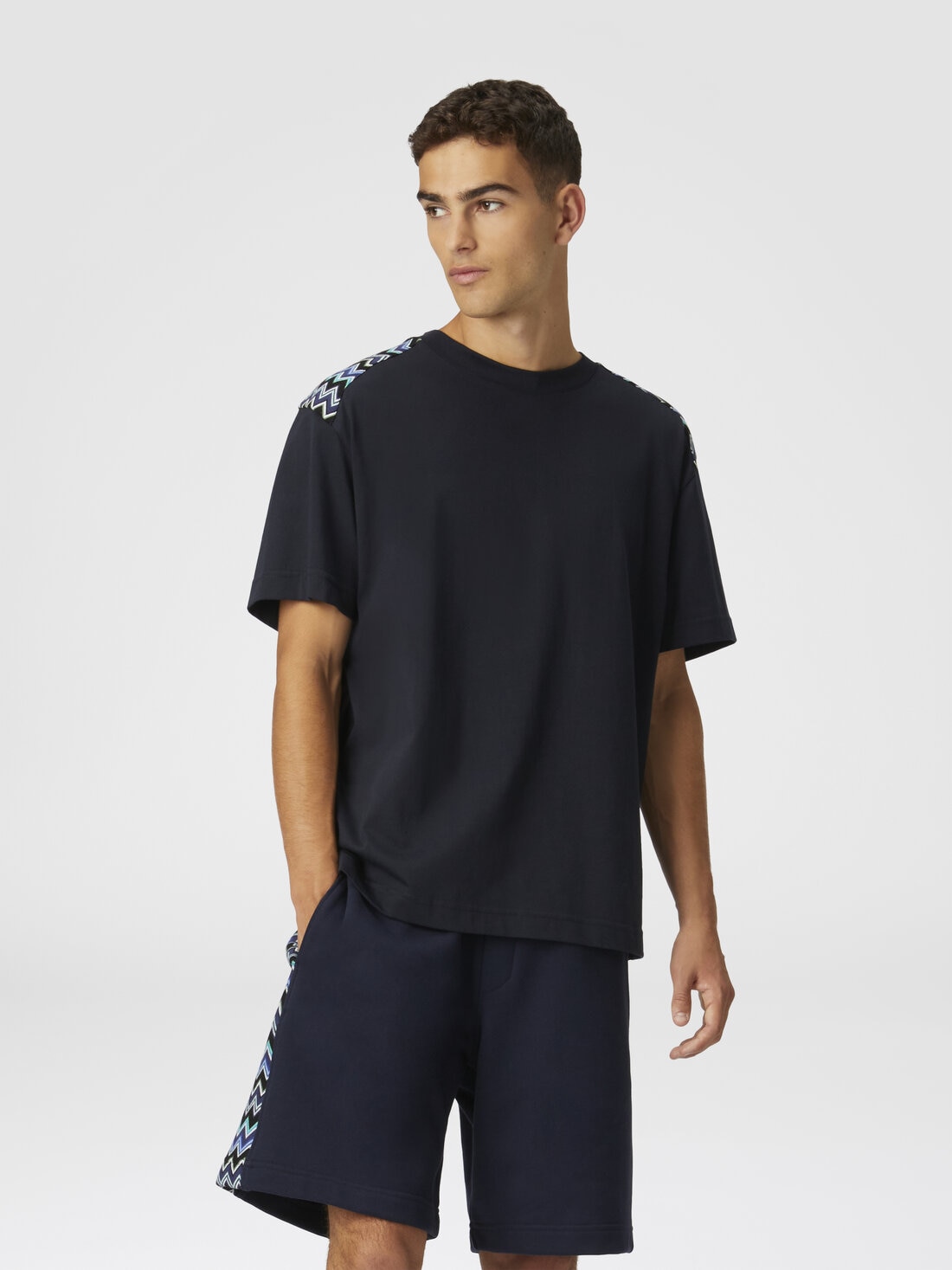 Shorts aus Baumwolle mit Zickzack-Einsatz, Blau - US25SI08BJ00M8S72JV - 3