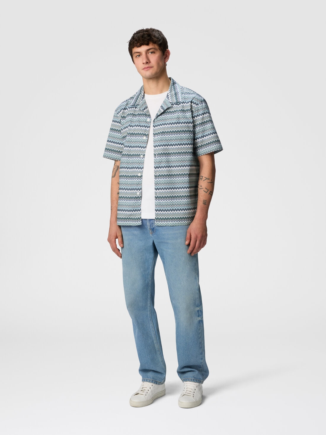 Zig zag cotton poplin bowling shirt with breast pocket, Green - US25SJ05BW00W0S614I - 1