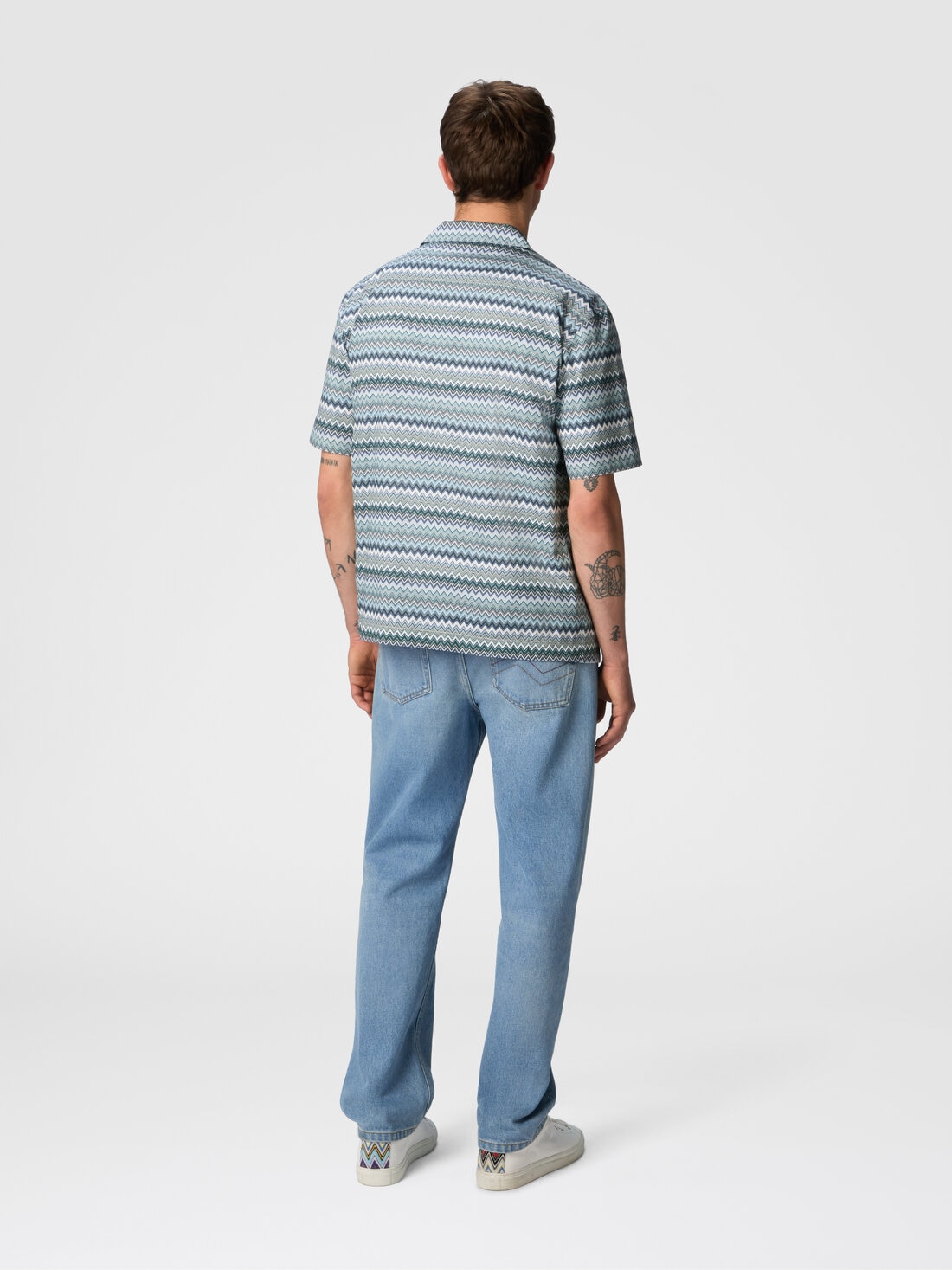 Zig zag cotton poplin bowling shirt with breast pocket, Green - US25SJ05BW00W0S614I - 2