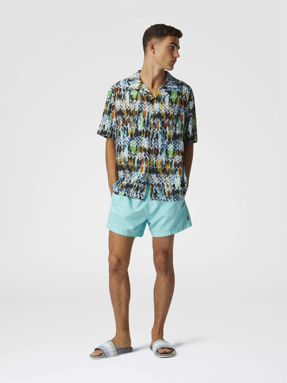 Viscose bowling shirt with zig zag print brushed effect, Black Multicoloured  - US25SJ0BBW00VFSM9LV - 1