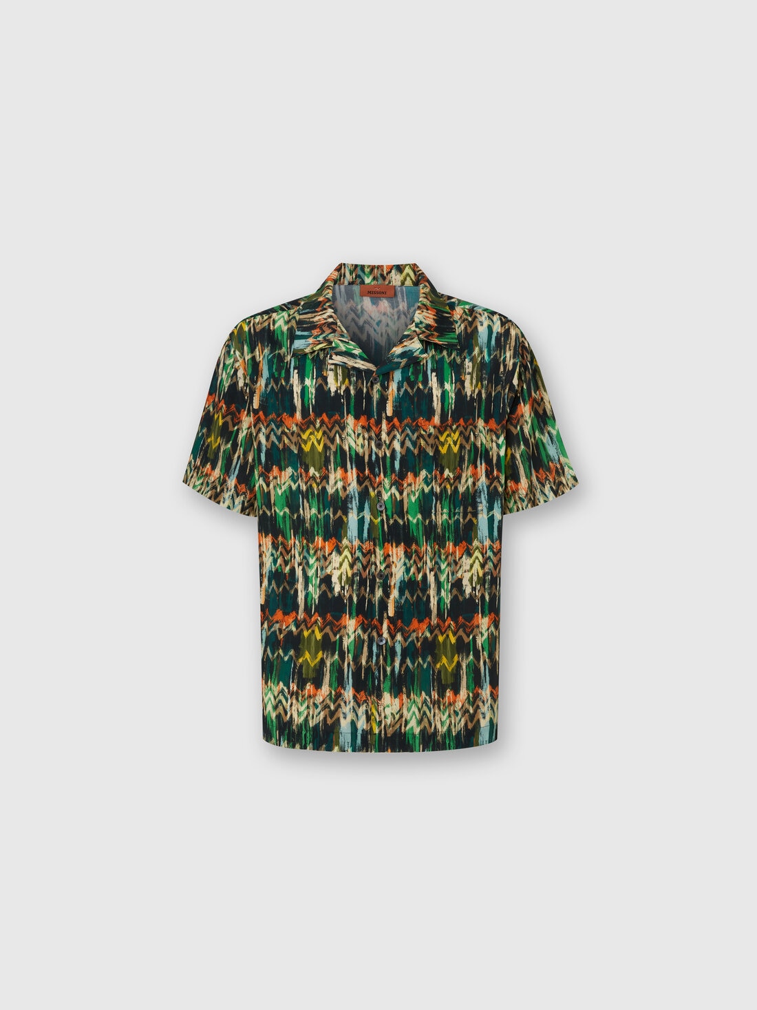 Viscose bowling shirt with zig zag print brushed effect, Green - US25SJ0BBW00VFSM9LW - 0