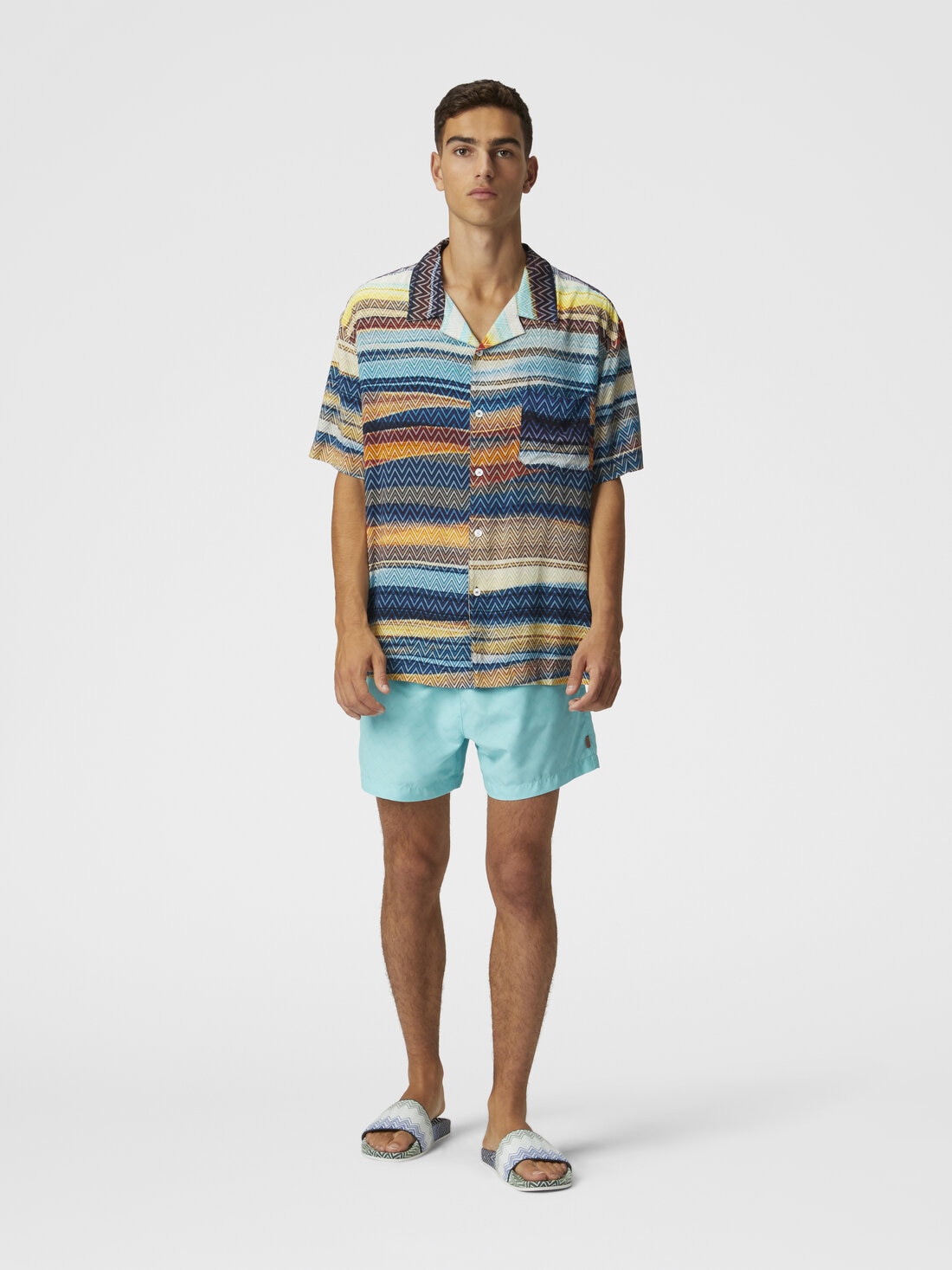 Bowling shirt with gradient zig zag print and breast pocket, Blue - US25SJ0BBW00W1SM9LU - 1