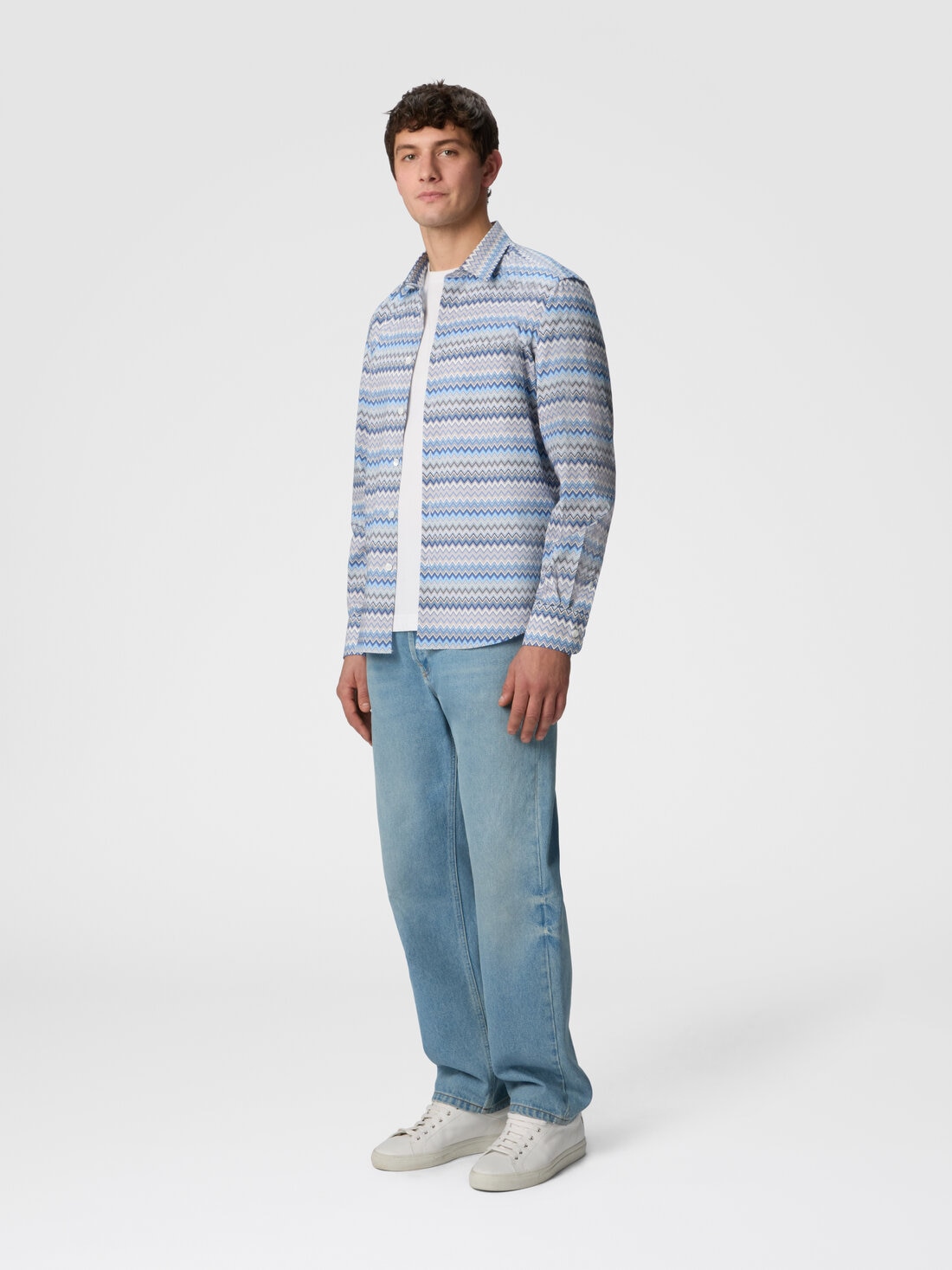 Camicia in popeline di cotone zig zag con taschino, Blu & Grigio - US25SJ0HBW00W0S01FS - 1