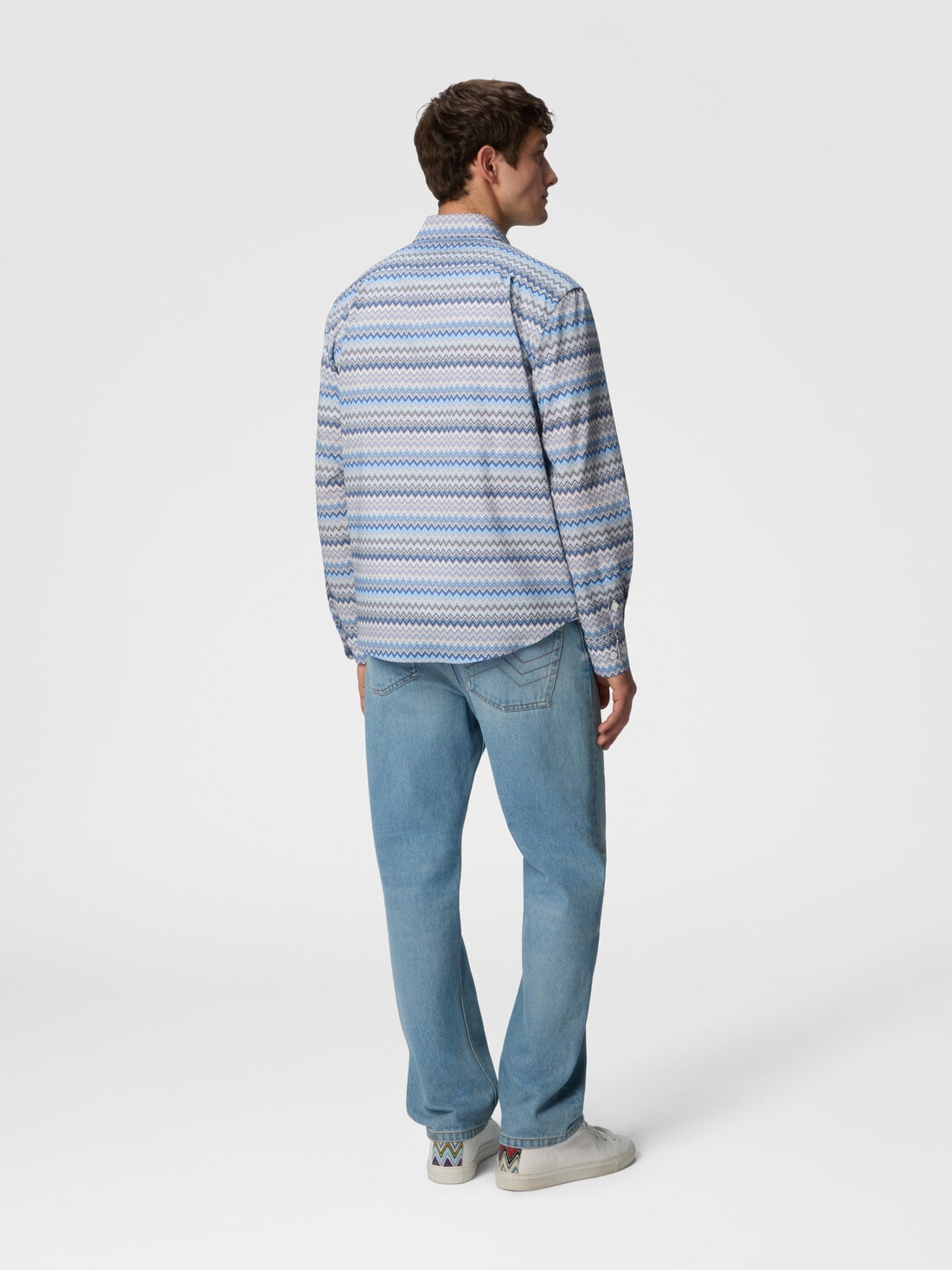 Camicia in popeline di cotone zig zag con taschino, Blu & Grigio - US25SJ0HBW00W0S01FS - 2