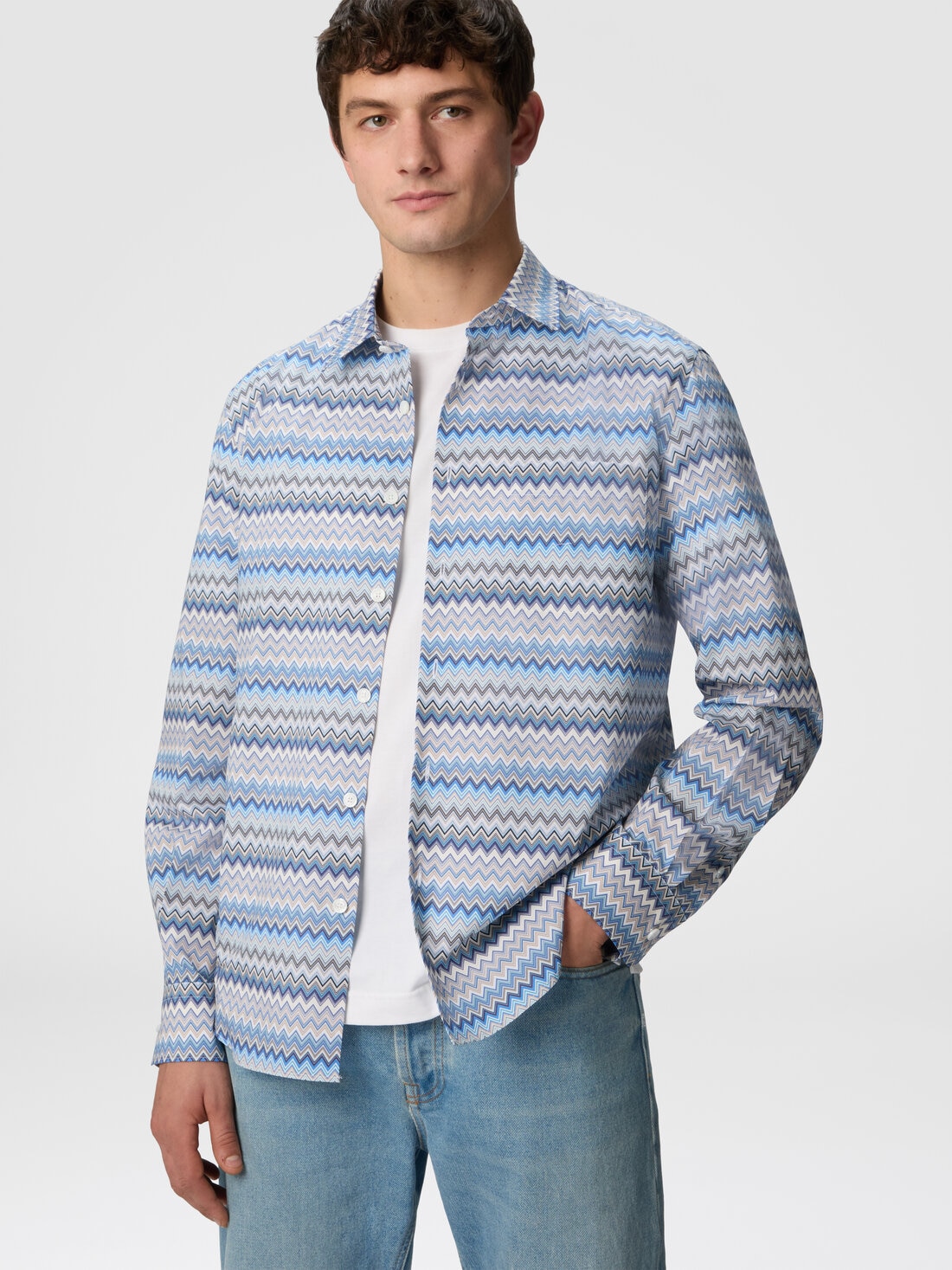 Camicia in popeline di cotone zig zag con taschino, Blu & Grigio - US25SJ0HBW00W0S01FS - 3