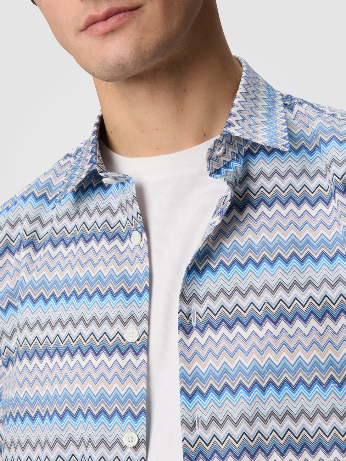 Camicia in popeline di cotone zig zag con taschino, Blu & Grigio - US25SJ0HBW00W0S01FS - 4