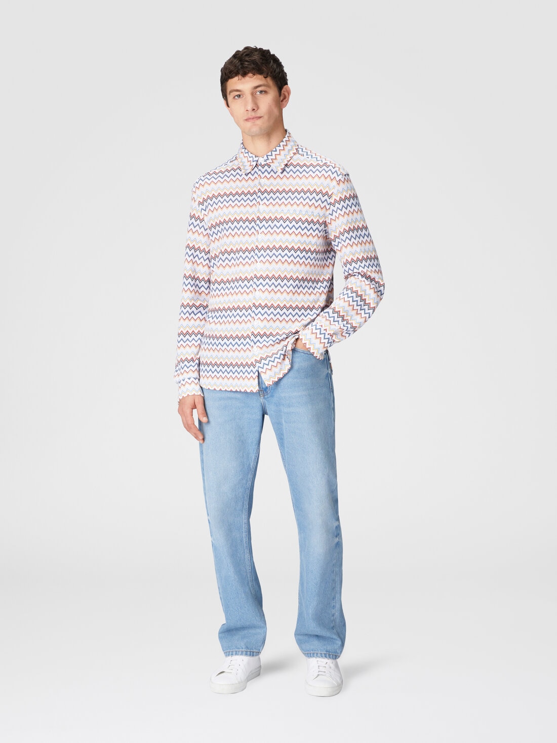 Camicia in cotone zig zag con taschino, Bianco  & Arancio - US25SJ0KBR010US01FA - 1