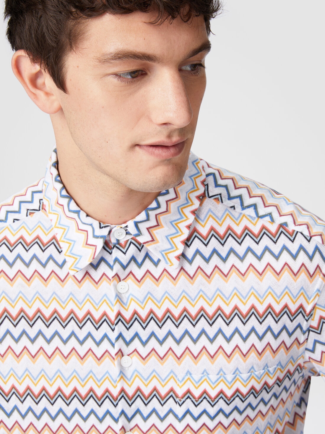 Camicia in cotone zig zag con taschino, Bianco  & Arancio - US25SJ0KBR010US01FA - 4