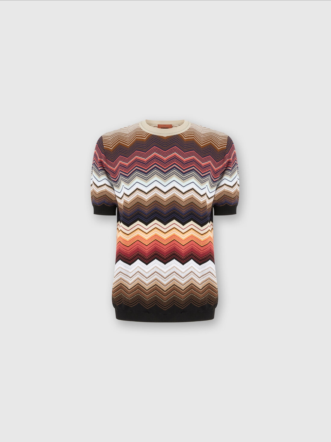 Zig zag cotton knit crewneck T-shirt with contrasting piping, Orange - US25SL08BK044NSM9LI - 0