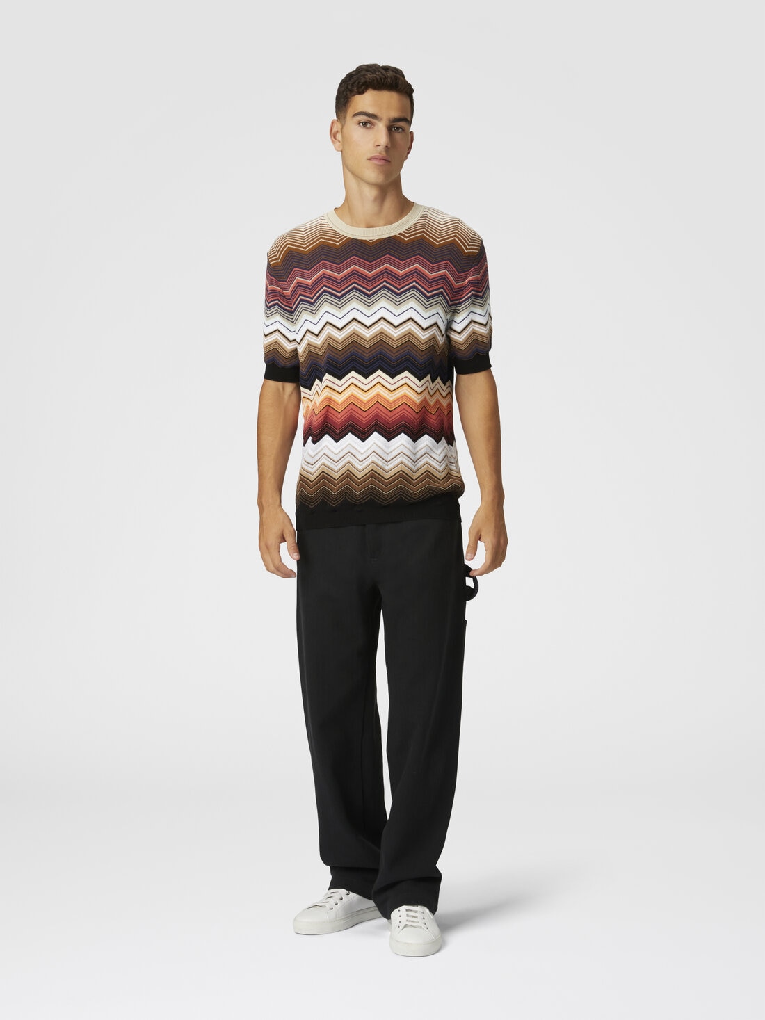 Zig zag cotton knit crewneck T-shirt with contrasting piping, Orange - US25SL08BK044NSM9LI - 1
