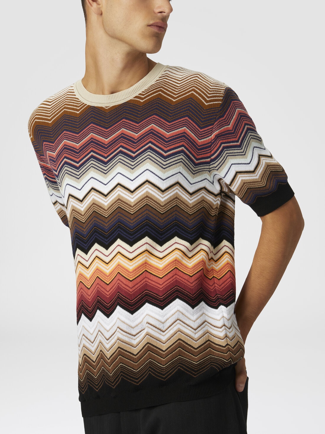 Zig zag cotton knit crewneck T-shirt with contrasting piping, Orange - US25SL08BK044NSM9LI - 3