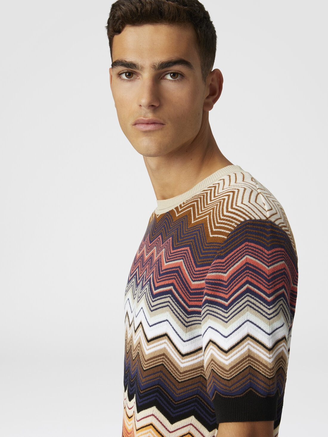 Zig zag cotton knit crewneck T-shirt with contrasting piping, Orange - US25SL08BK044NSM9LI - 4