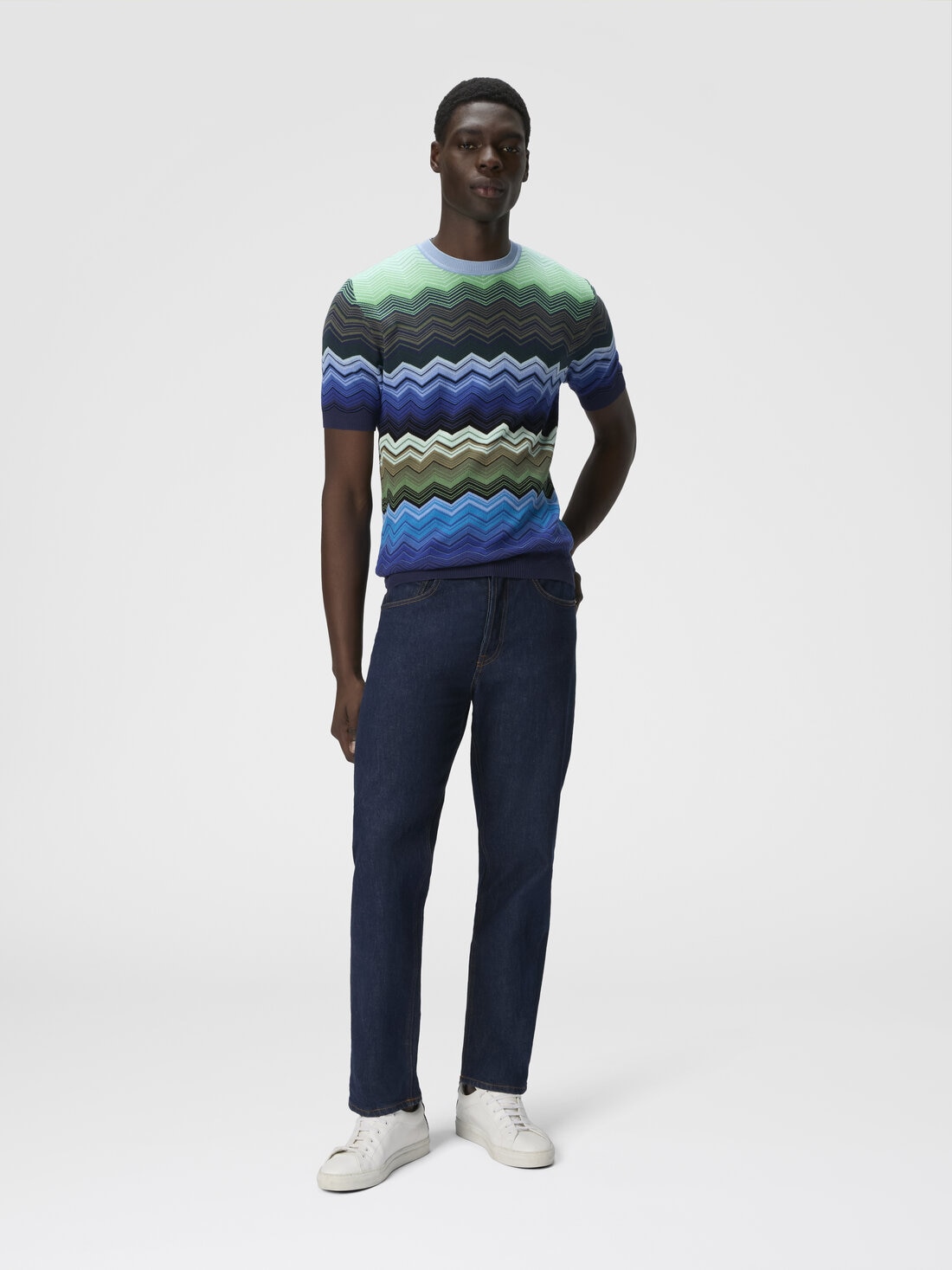 Zig zag cotton knit crewneck T-shirt with contrasting piping, Blue & Green - US25SL08BK044NSM9LJ - 1