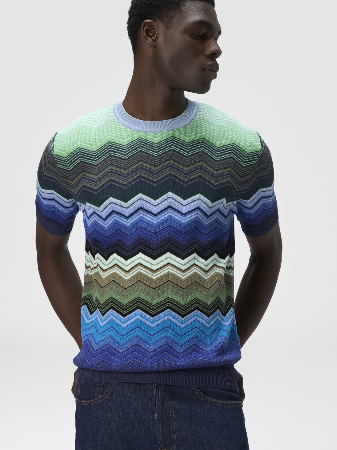 Zig zag cotton knit crewneck T-shirt with contrasting piping, Blue & Green - US25SL08BK044NSM9LJ - 3