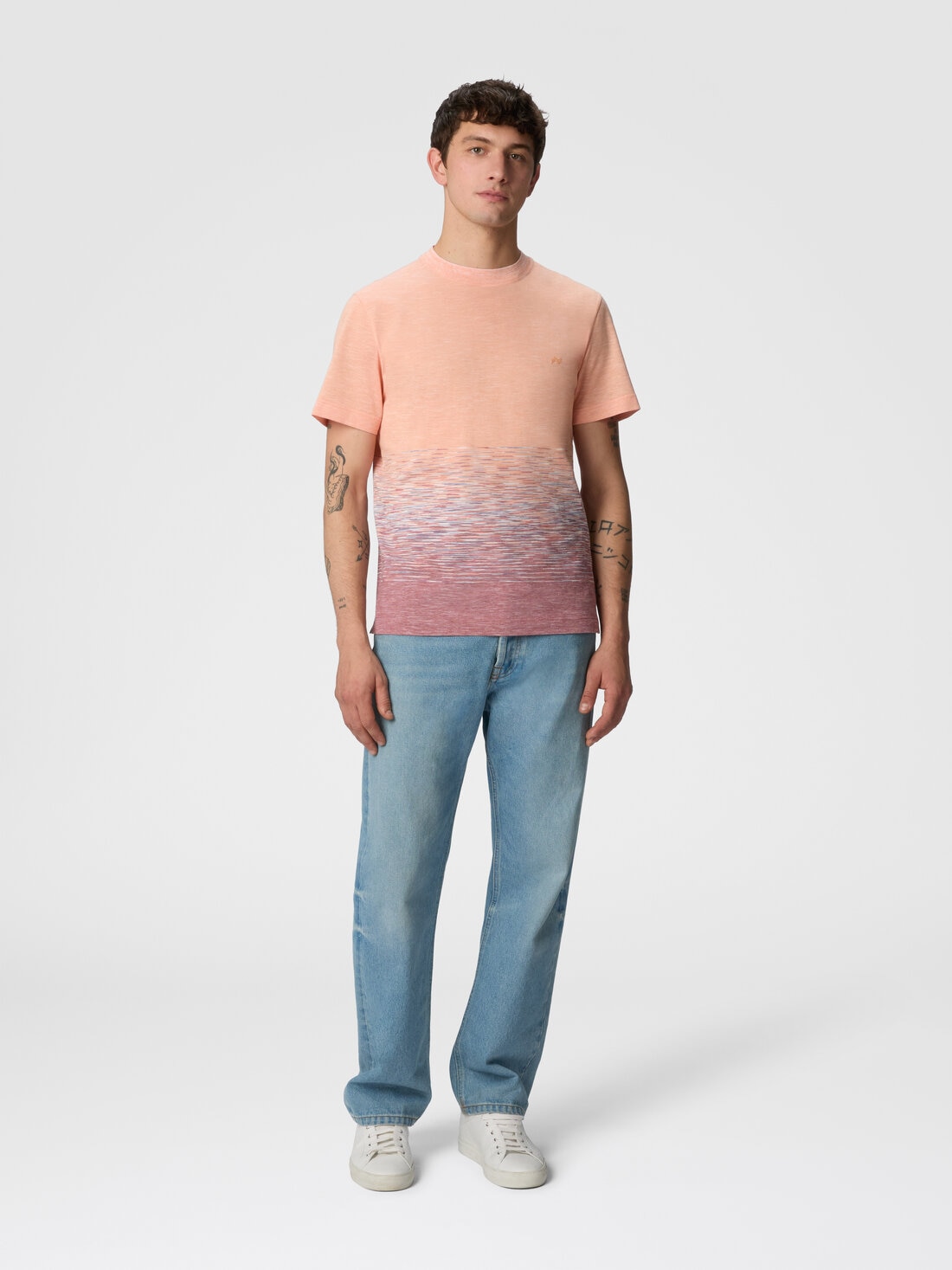 Crewneck T-shirt in slub cotton and linen with zigzag embroidery, Orange & Red  - US25SL09BJ00MRS208C - 1