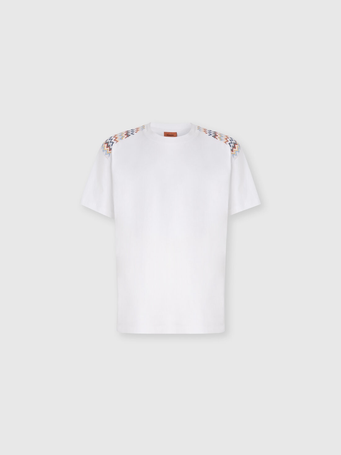 Camiseta de algodón con cuello redondo e inserciones de chevron en los hombros, Blanco  - US25SL0BBJ00M6S01G0 - 0