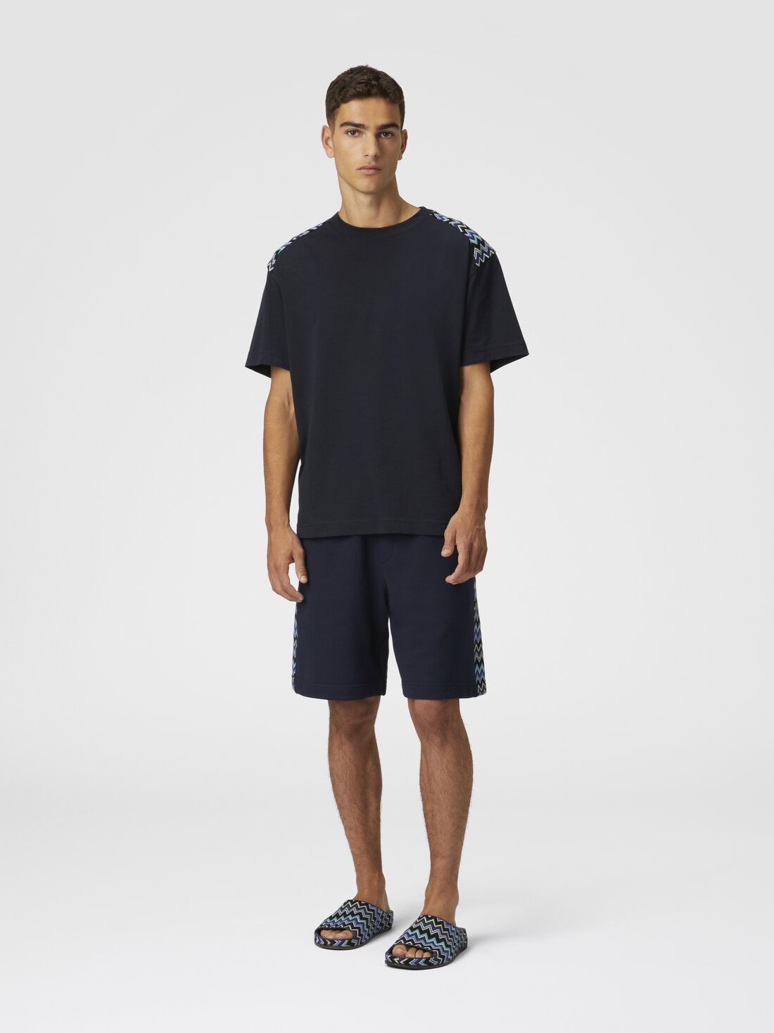 Cotton crewneck T-shirt with chevron inserts on the shoulders, Blue - US25SL0BBJ00M6S72JV - 1