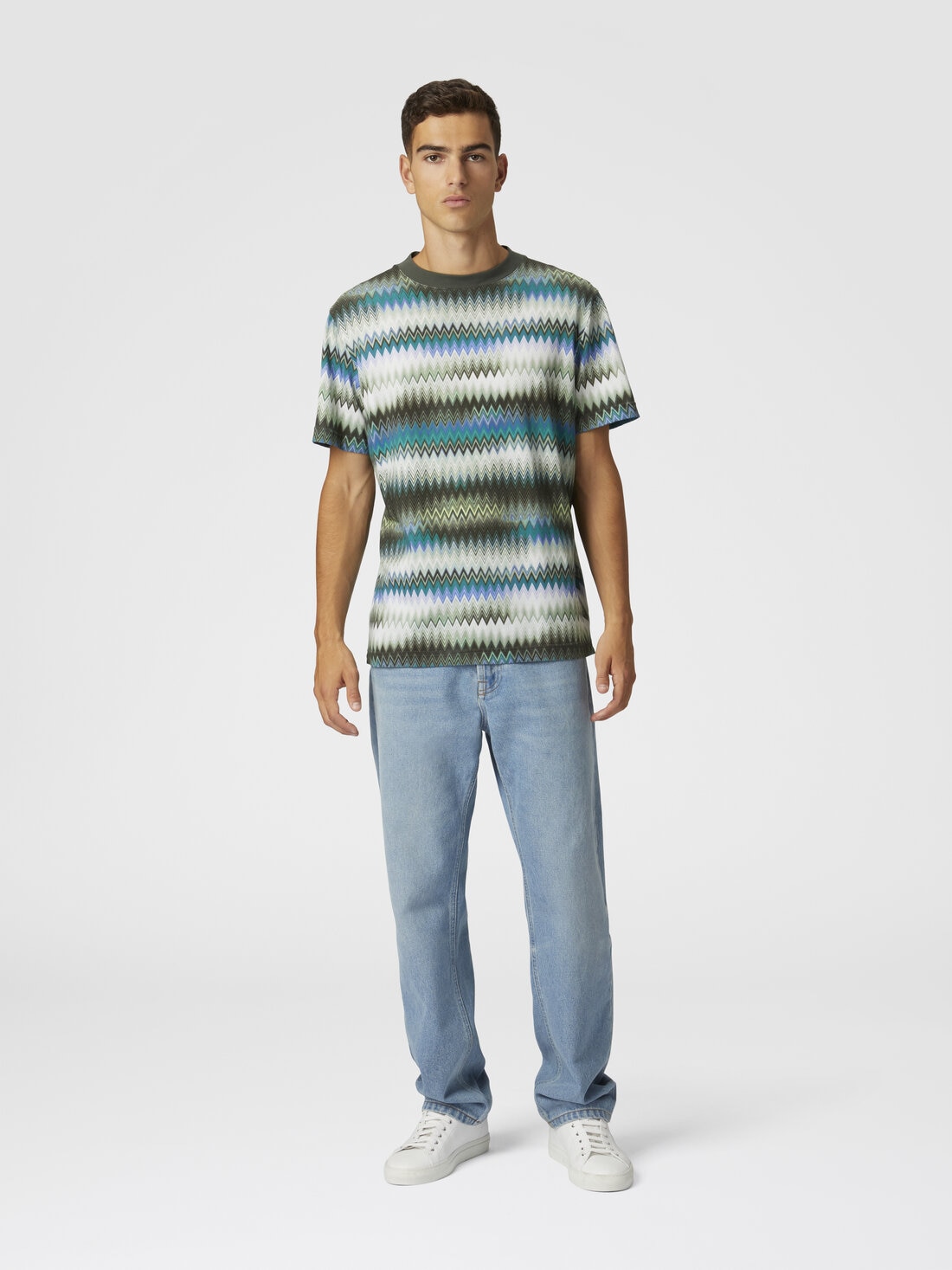 Cotton crewneck T-shirt with gradient micro zigzag print, Green - US25SL0EBJ00N2SM9LT - 1