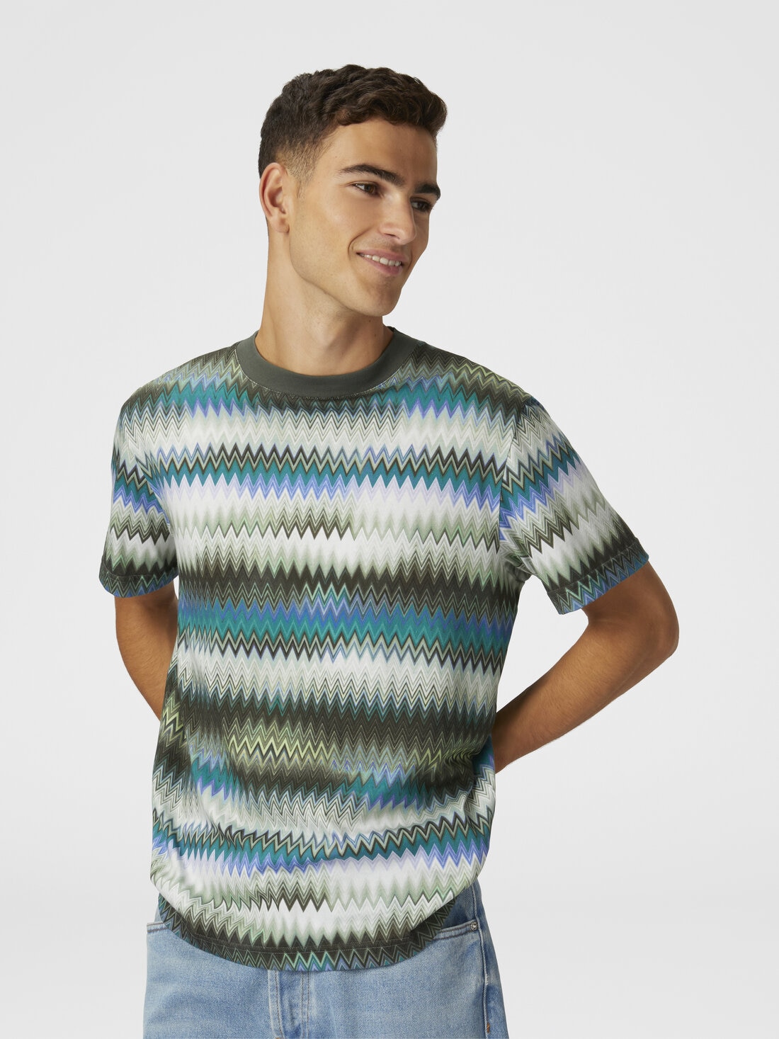 Cotton crewneck T-shirt with gradient micro zigzag print, Green - US25SL0EBJ00N2SM9LT - 3