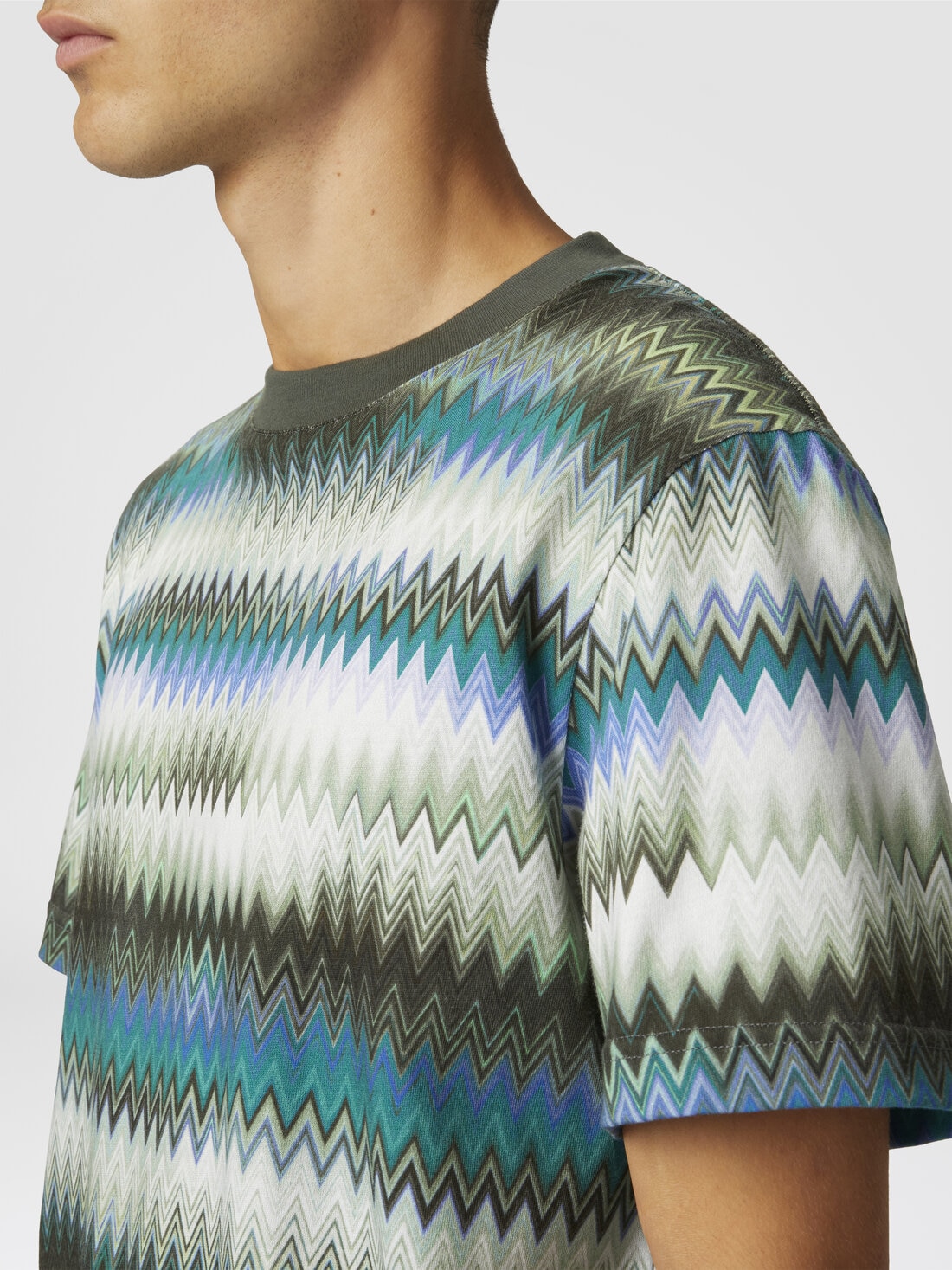Cotton crewneck T-shirt with gradient micro zigzag print, Green - US25SL0EBJ00N2SM9LT - 4