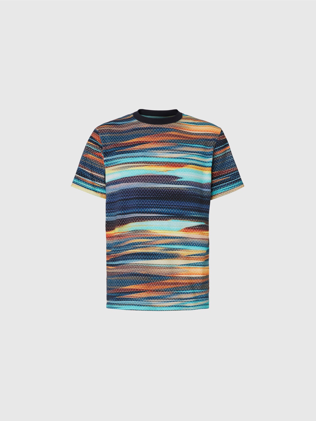 Camiseta de algodón con cuello redondo y estampado flameado en zigzag, Azul Oscuro - US25SL0EBJ00N4SM9LU - 0