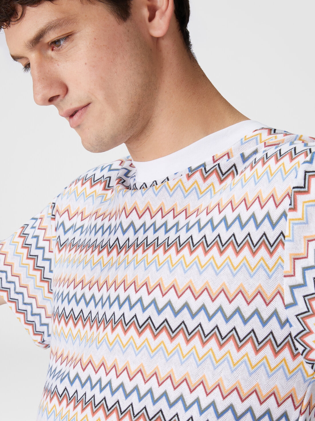 Zig zag cotton crewneck T-shirt with contrasting collar, White  & Orange - US25SL0HBR010US01FA - 4