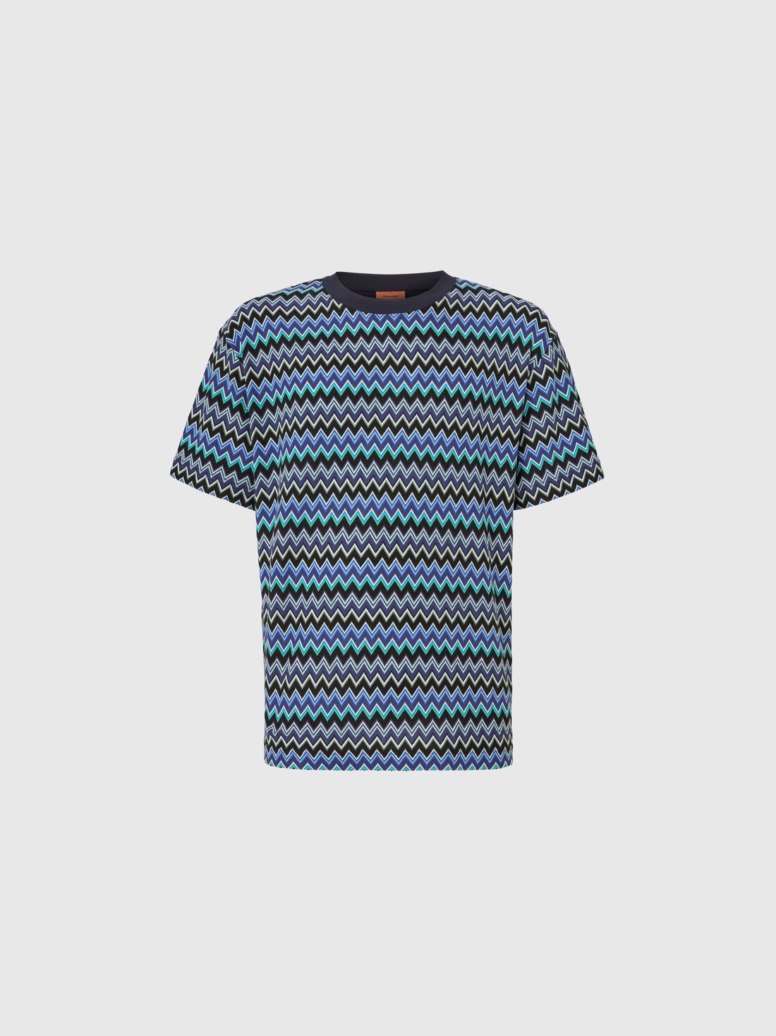 ジグザグコットンクルーネックTシャツ、対照的な襟, ブラック＆ブルー - US25SL0HBR010USM9KW - 0