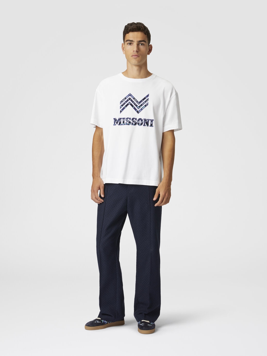 T-shirt girocollo in cotone con inserto zig zag e scritta logo, Bianco  - US25SL0KBJ00NMS01G6 - 1