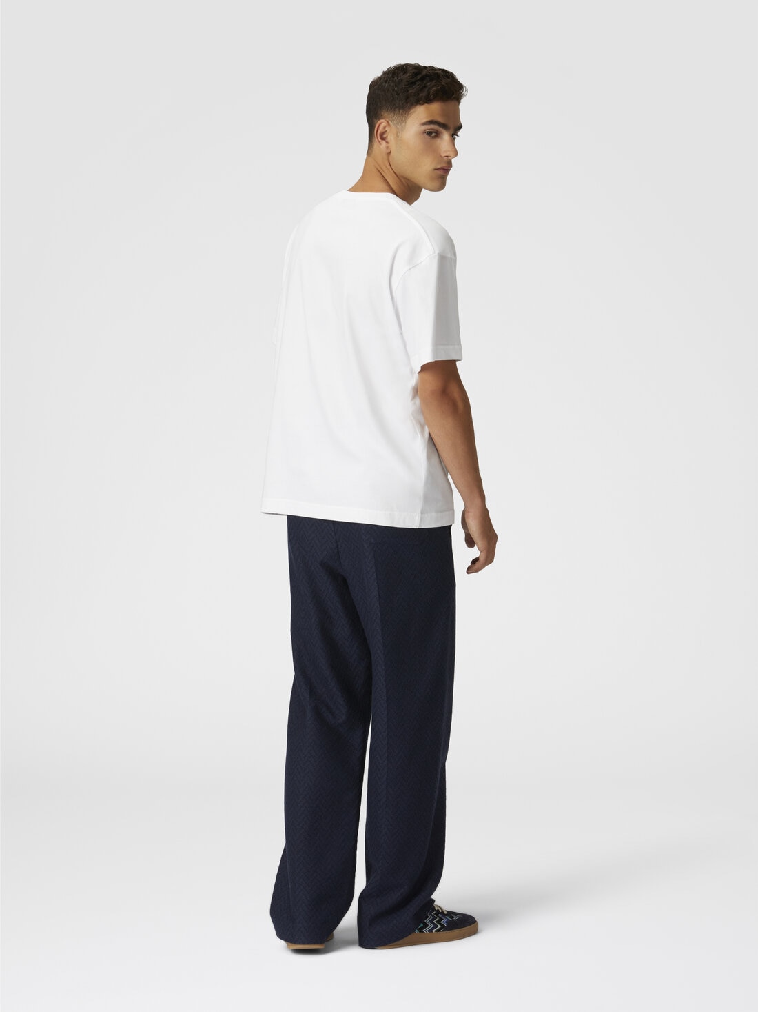 T-shirt girocollo in cotone con inserto zig zag e scritta logo, Bianco  - US25SL0KBJ00NMS01G6 - 2