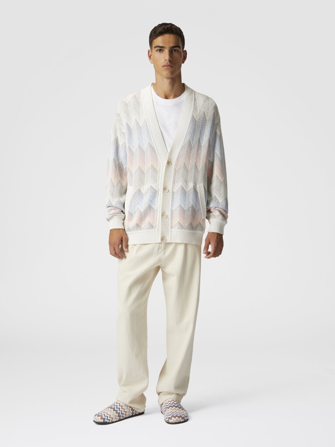 Gradient chevron cotton blend cardigan with pockets, White  - US25SM09BC0050SM9KF - 1