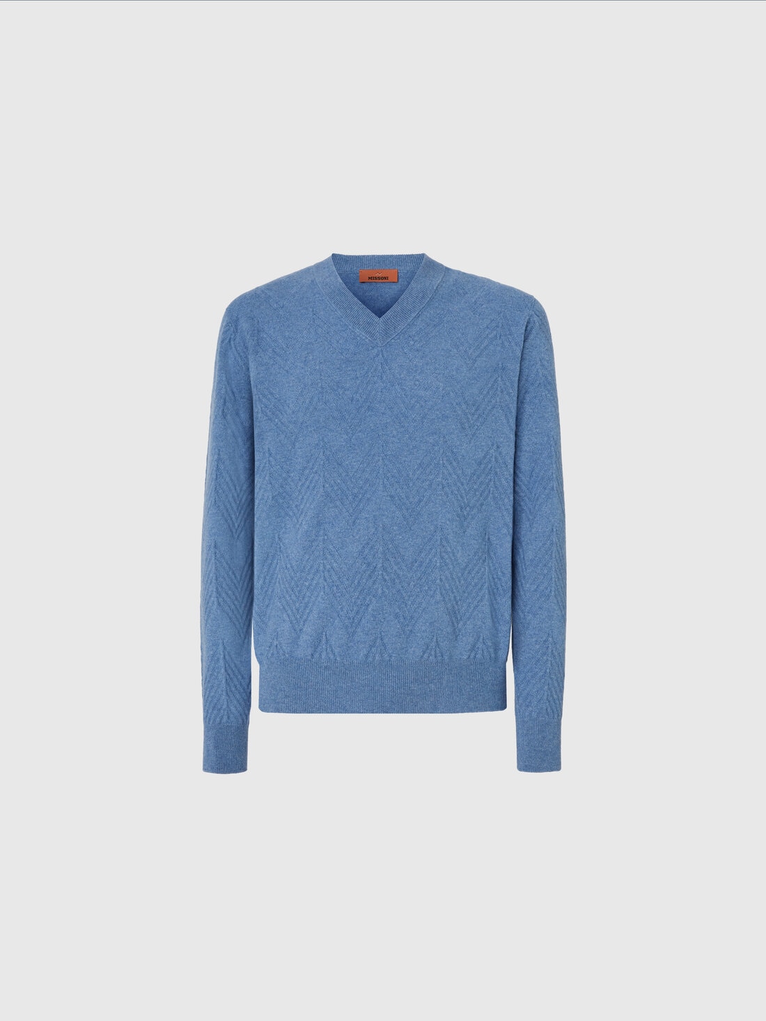 Tonal cashmere V-neck and zigzag pullover, Blue - US25SN01BK044ZS72JH - 0