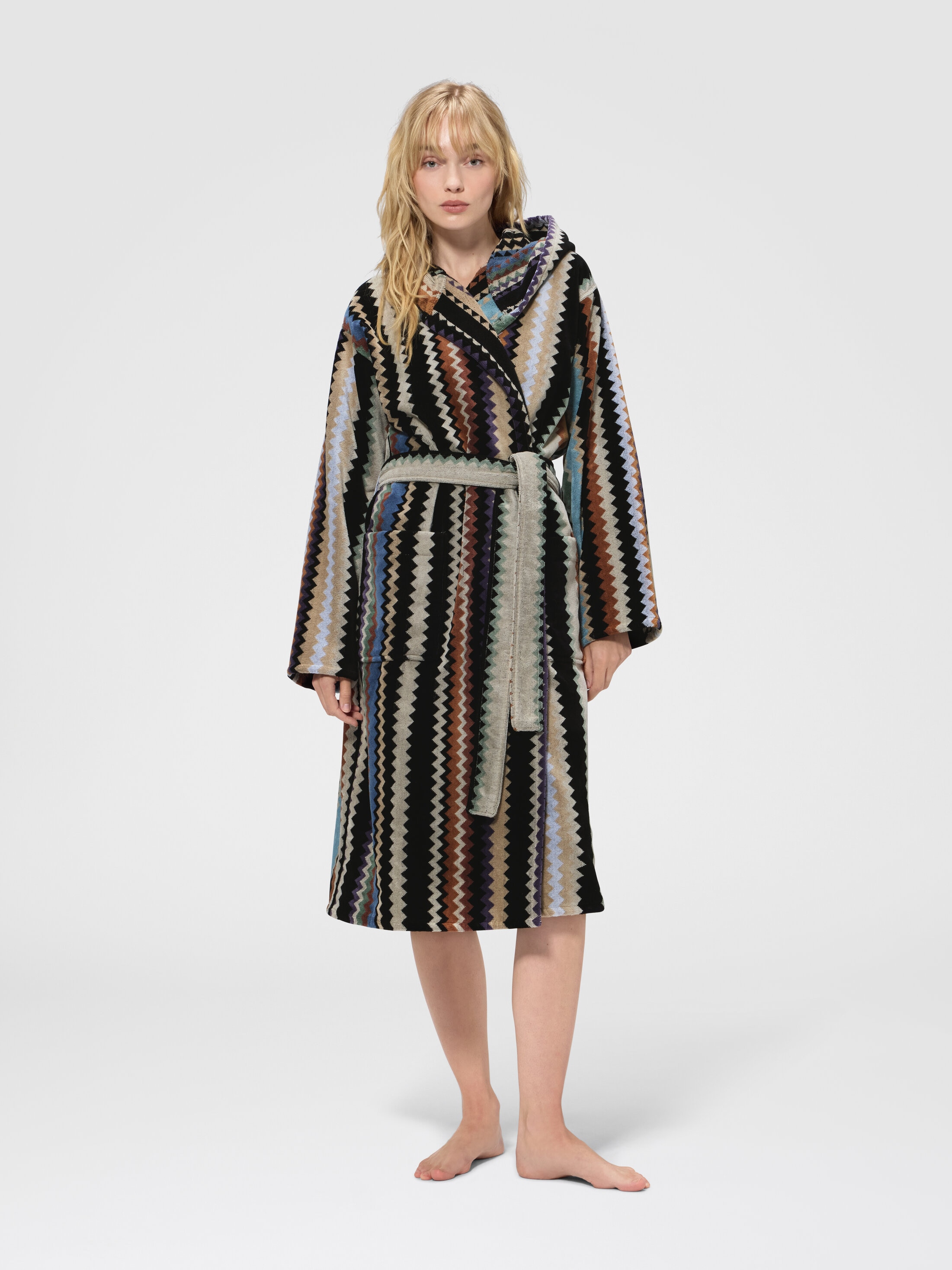 Long Curt chevron cotton terry hooded bathrobe