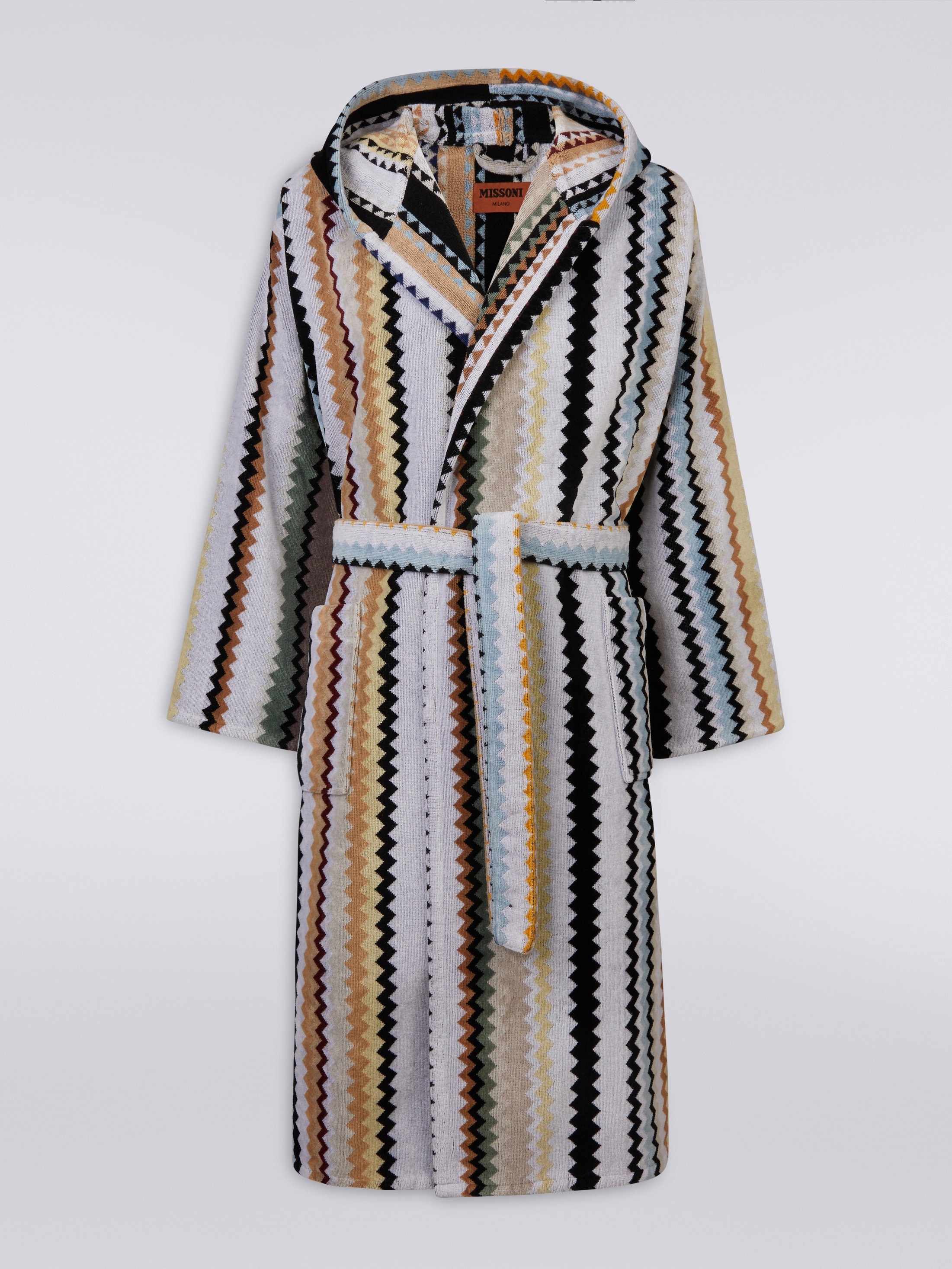 Missoni Long Curt Chevron Cotton Terry Hooded Bathrobe In Black