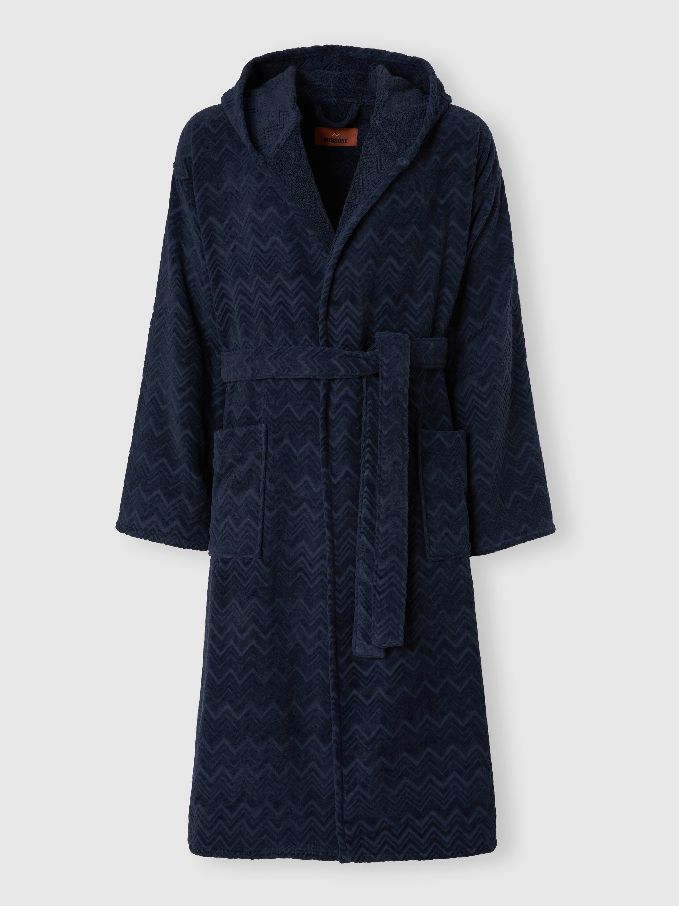 Missoni Chalk Bathrobe In Cotton Terry With Zigzag Pattern In Blue