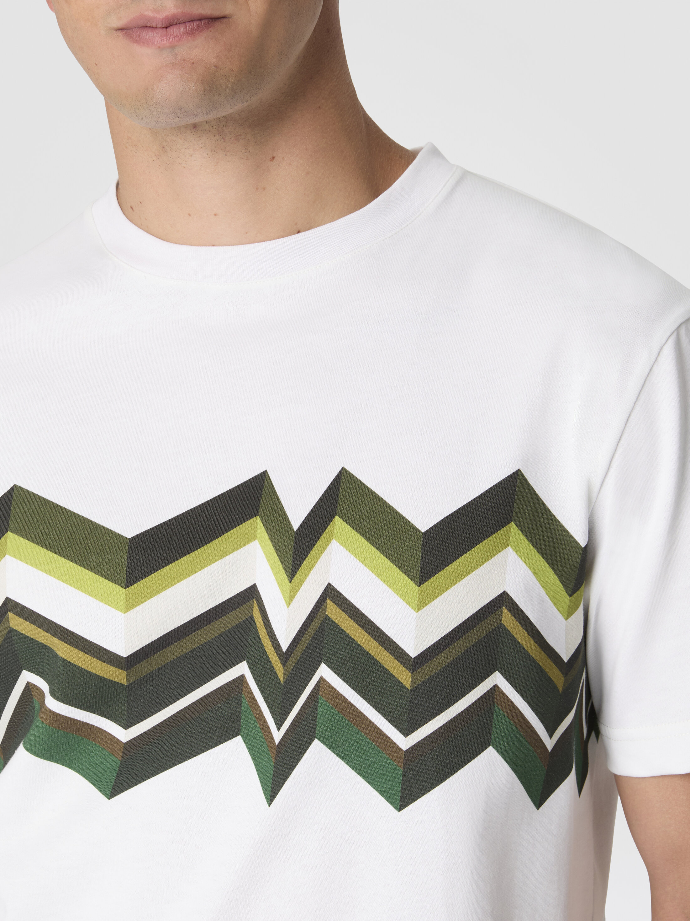 Crew-neck cotton T-shirt with irregular zigzag print White & Green