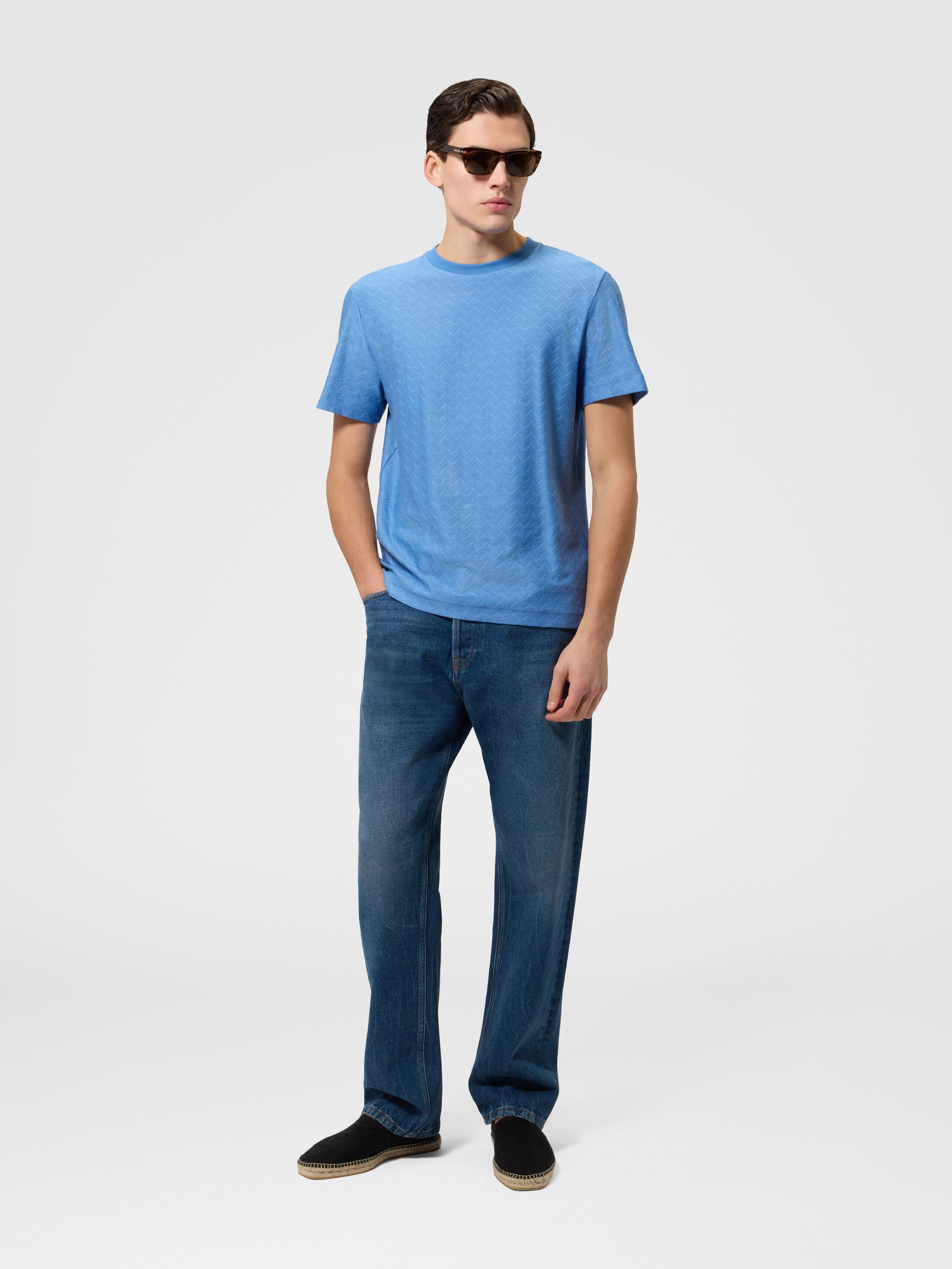 Crew-neck cotton jacquard T-shirt with tone-on-tone zigzag design