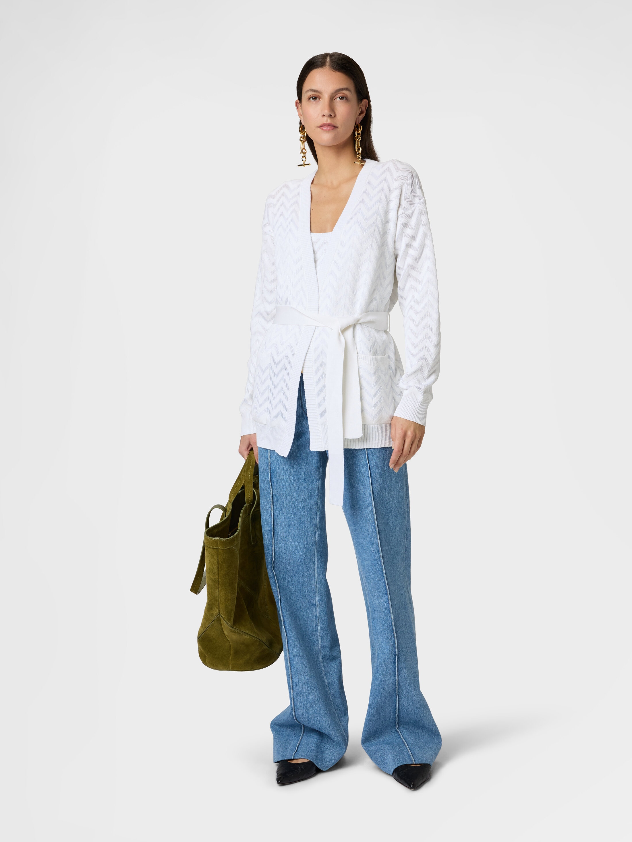 近年モデル　MISSONI ミッソーニ シェブロン柄 ジャケット ホワイト Chevron Cotton and Viscose Cardigan with Belt White | Missoni
