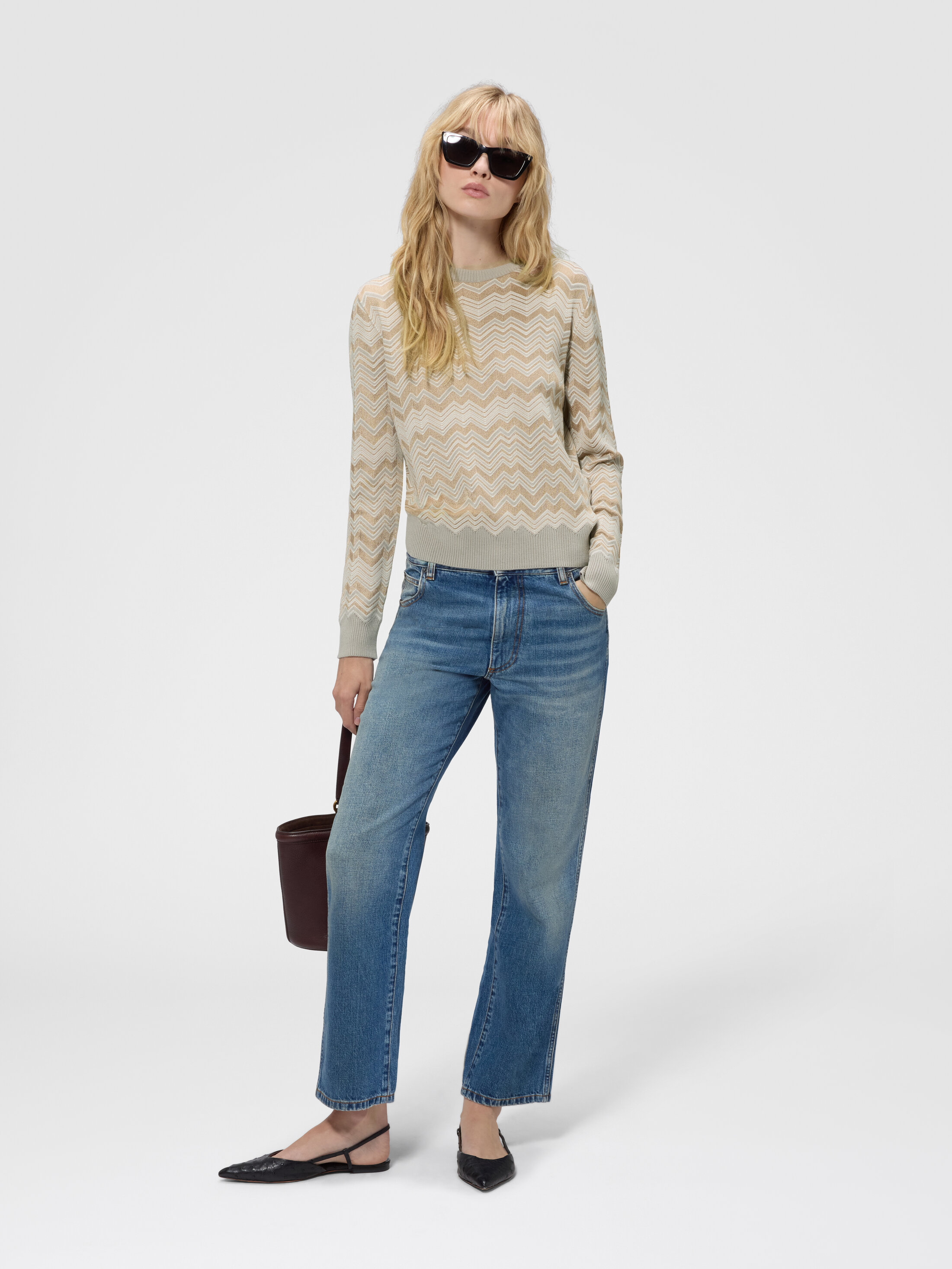 Zig zag viscose and wool crewneck sweater Beige | Missoni
